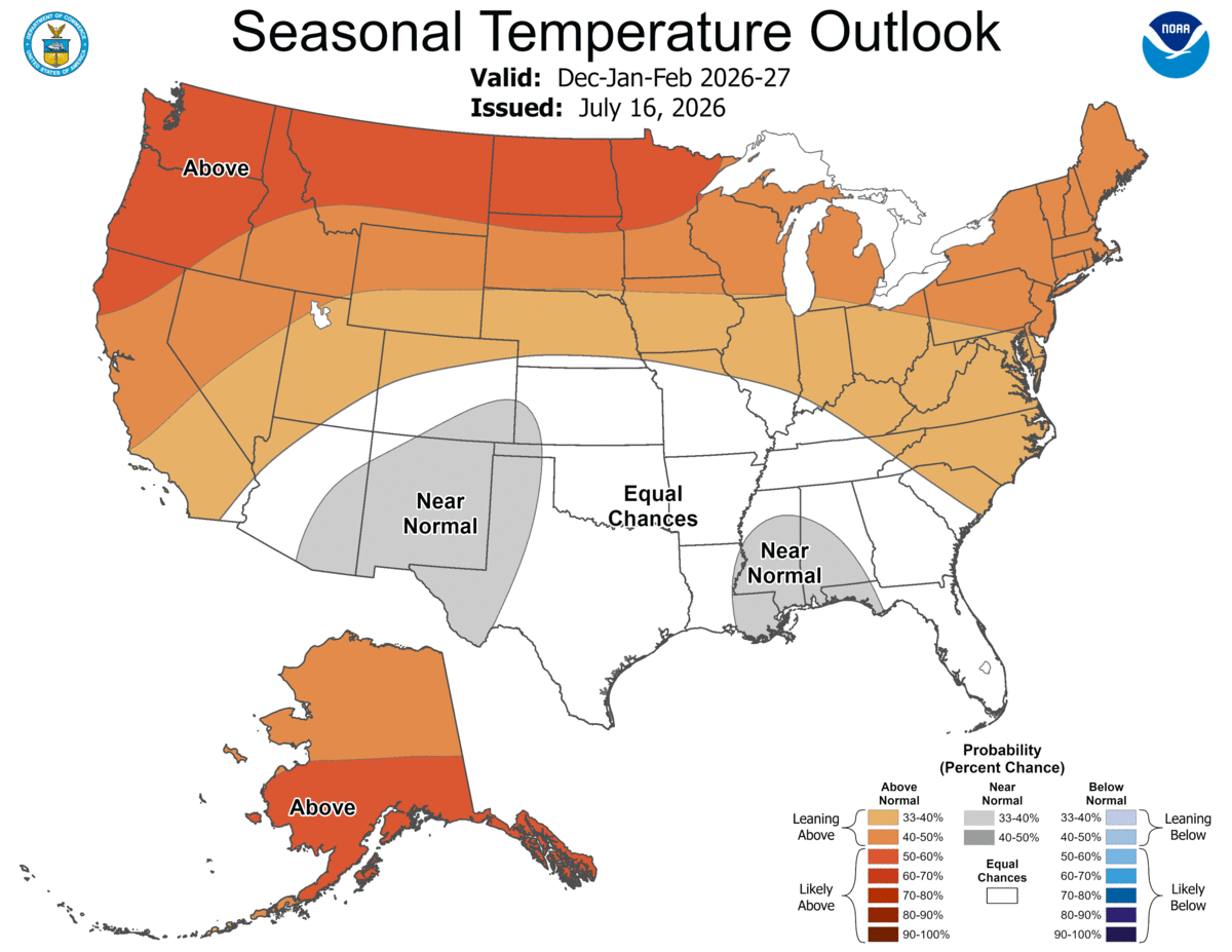 The seasonal temperature outlook for the U.S. for December 2026 through February 2027.